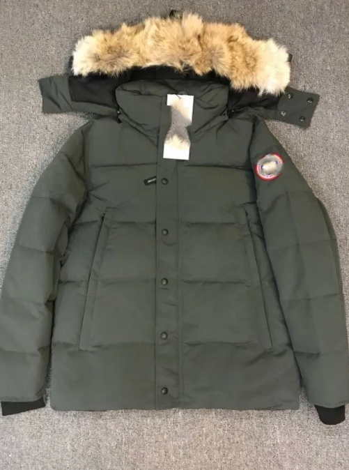 Grey parka red badge